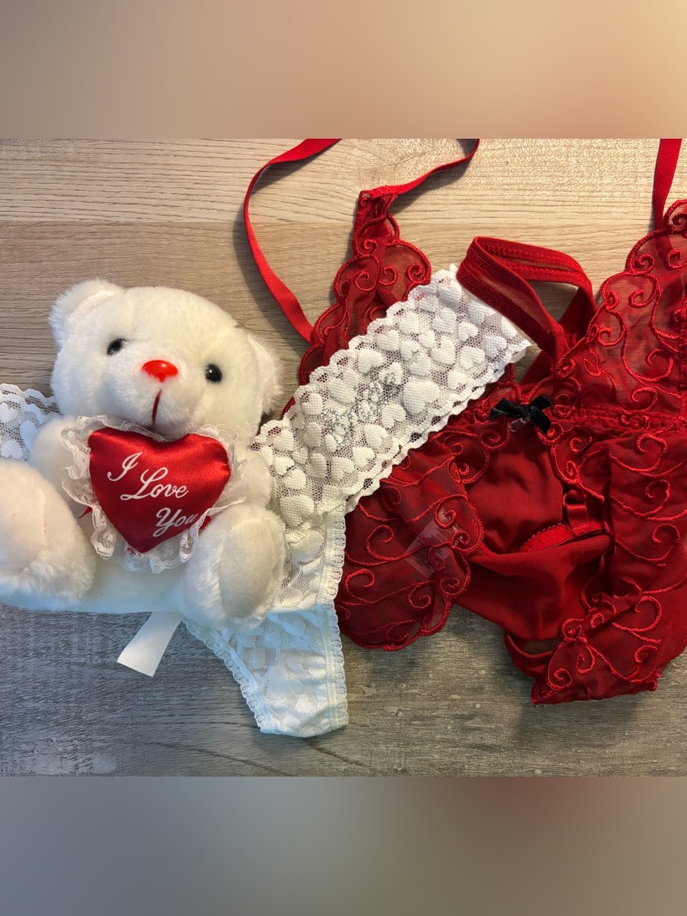 WEDDING BRIDE LOVE LINGERIE, TEDDY BEAR, AND THONG